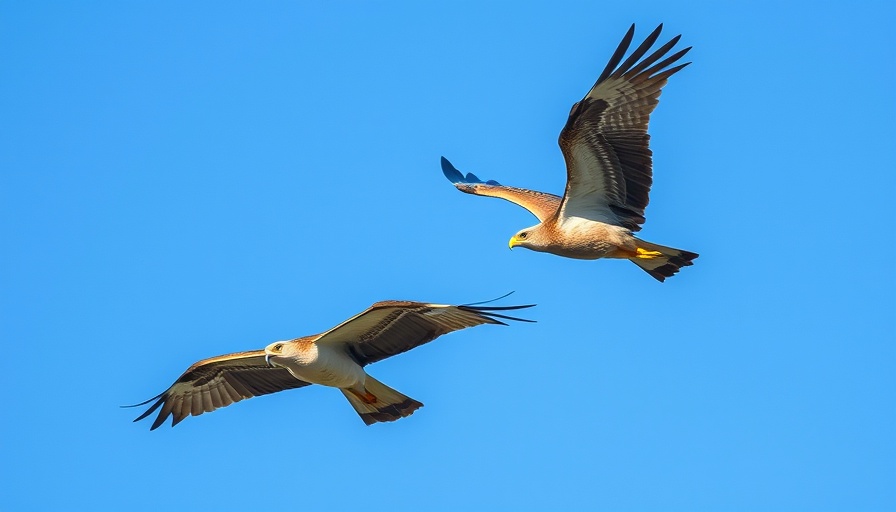 Zone-tailed Hawks Mimic Vultures, two birds in flight against blue sky.