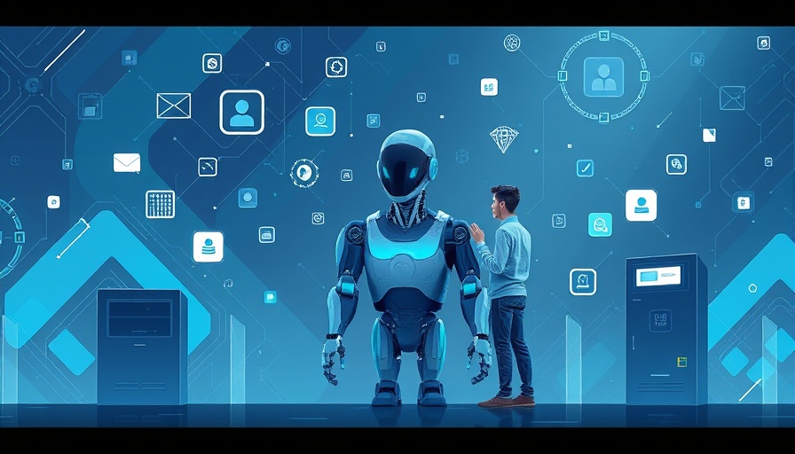 Digital illustration of enterprise AI scene with people and robot.