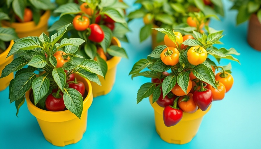 Vibrant peppers growing in containers on a turquoise surface.