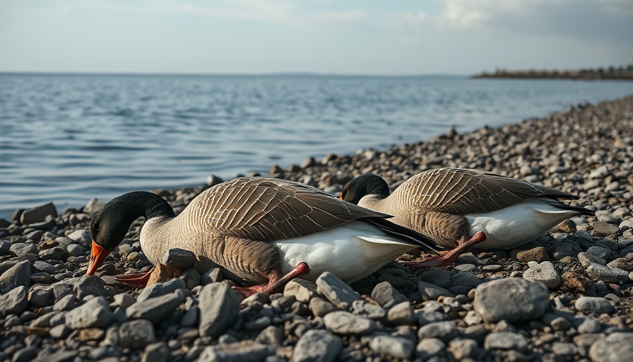 Mower County bird flu awareness highlighted with dead geese by water.