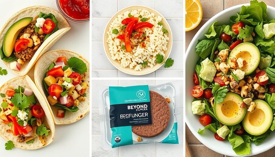 AI-powered meal kits including tacos, packaged ingredients, and salad on a tiled background.