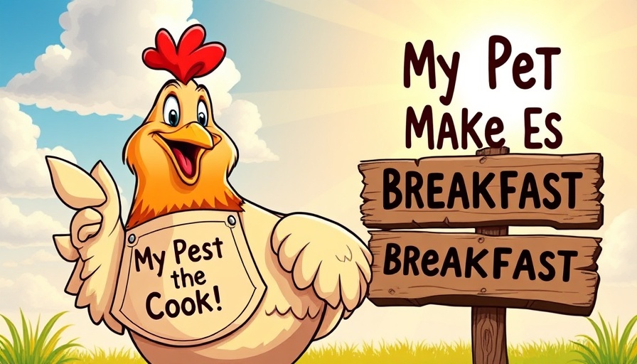 Cartoon chicken with text 'My Pet Makes Me Breakfast' and logo in colorful background.