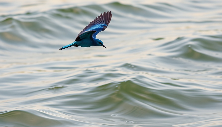 Blue bird in flight showcasing adaptations for flight over water.