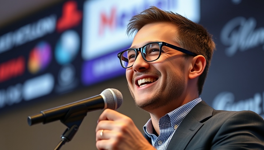 Professional speaker at a digital media innovation event, smiling.