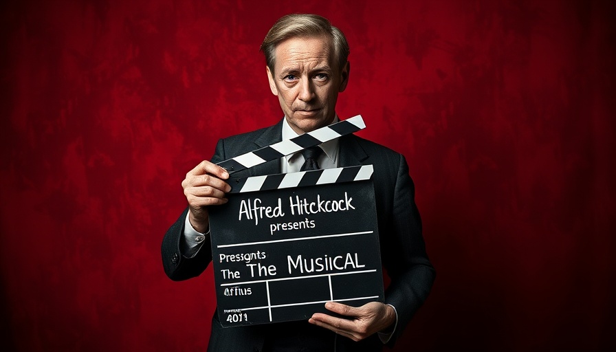 Alfred Hitchcock Presents The Musical clapperboard on red backdrop.