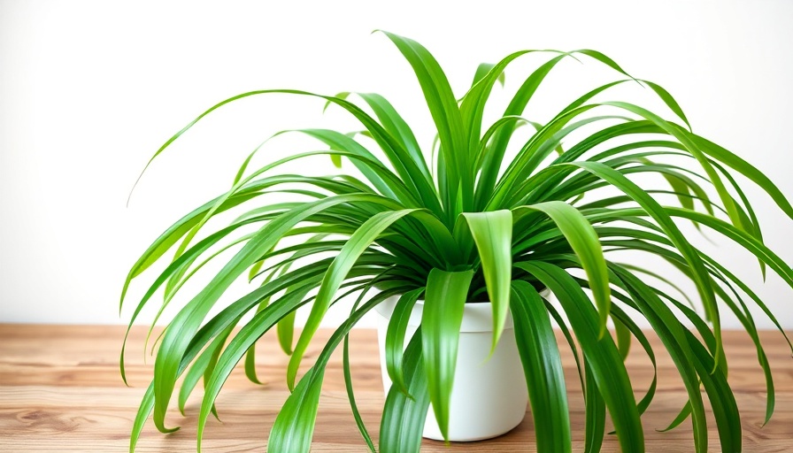 Spider plant with arching leaves on wooden table.