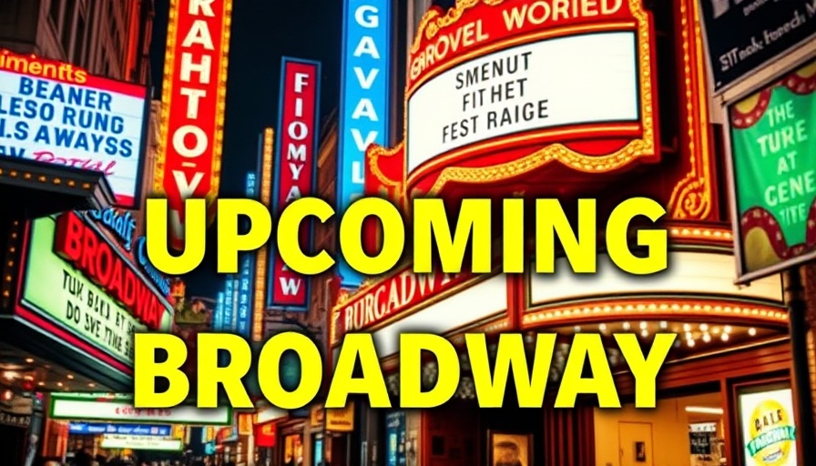 Bold collage of Broadway theater signs with 'Upcoming Broadway' overlay.