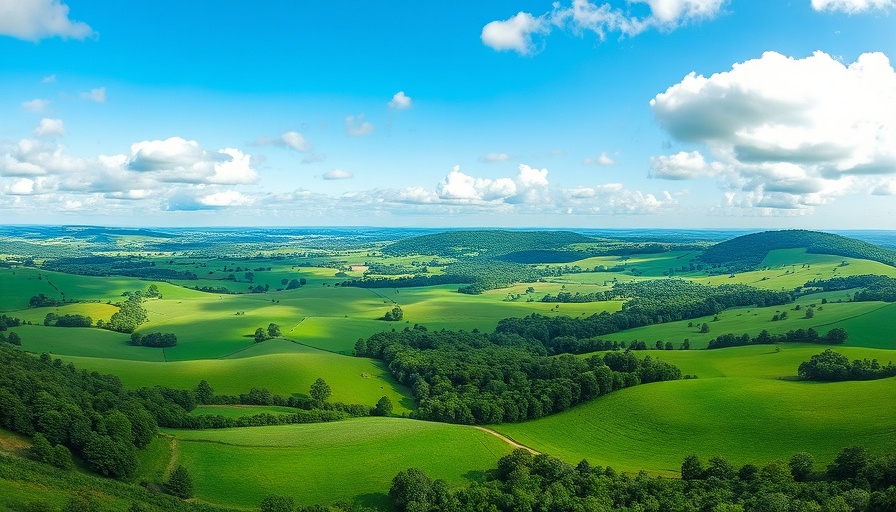 Photorealistic landscape of UK National Forest with rolling hills.