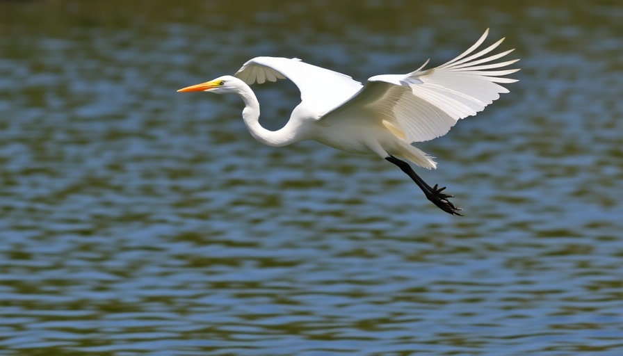 Graceful great egret flying elegantly over water.