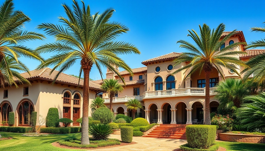 Mediterranean-style estate with palm trees, tropical setting.