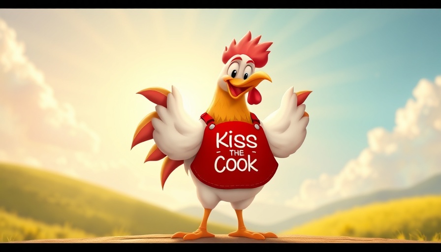 Cartoon chicken with sunburst background, chick availability challenges.