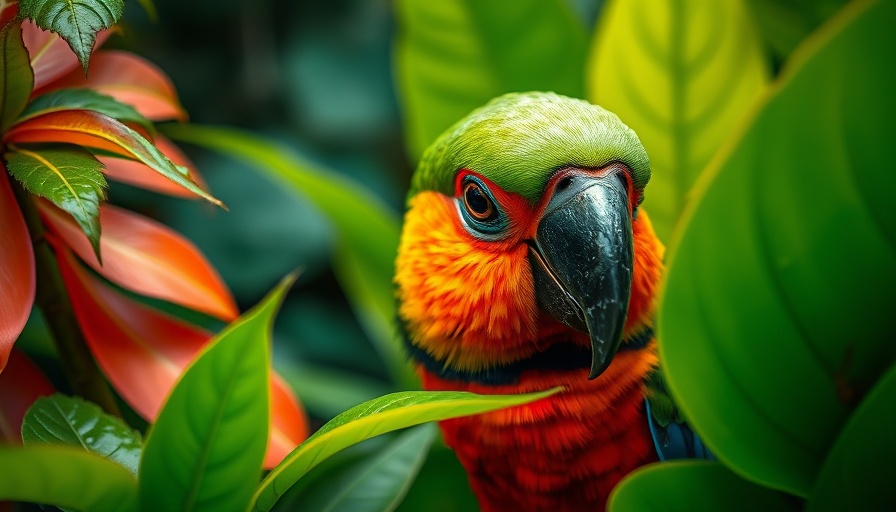 Vivid Amazon bird among rainforest foliage, seasonal flooding context.