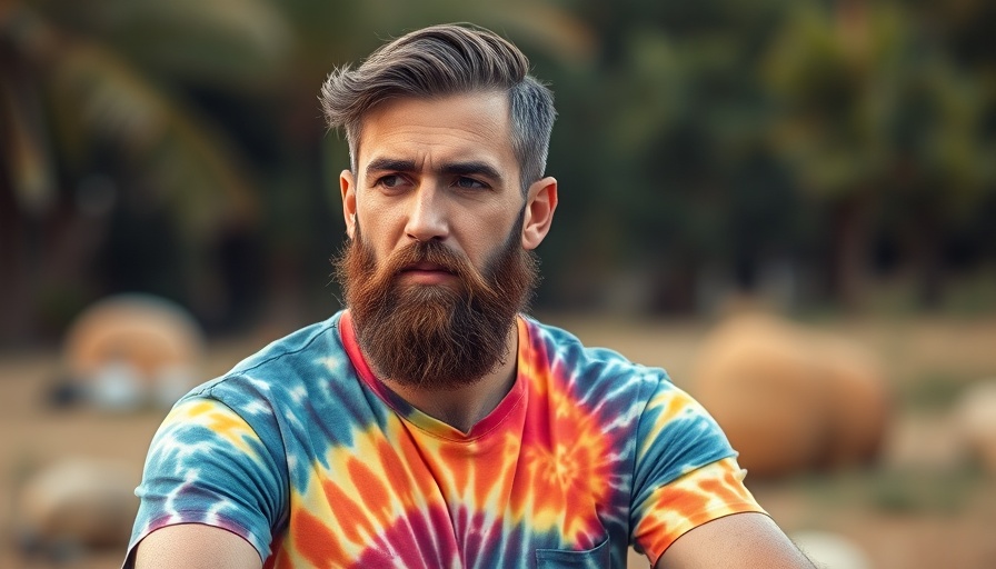 Contemplative bearded man in tie-dye shirt, outdoors