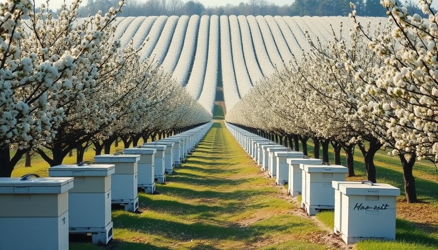 Blooming orchard with bee boxes reflecting honeybee deaths record high.