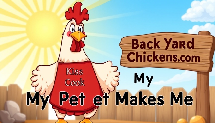 Cartoon hen in apron promoting raising chickens guide.