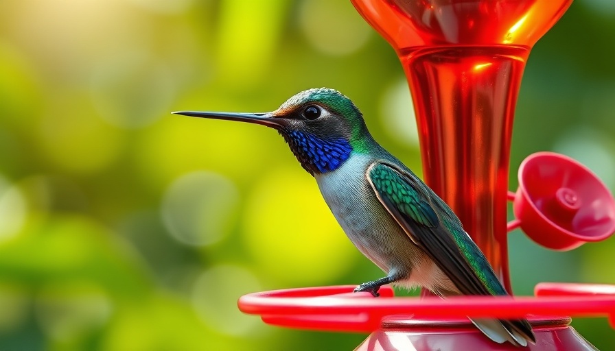 Iridescent hummingbird perched on a red feeder in sunlight.