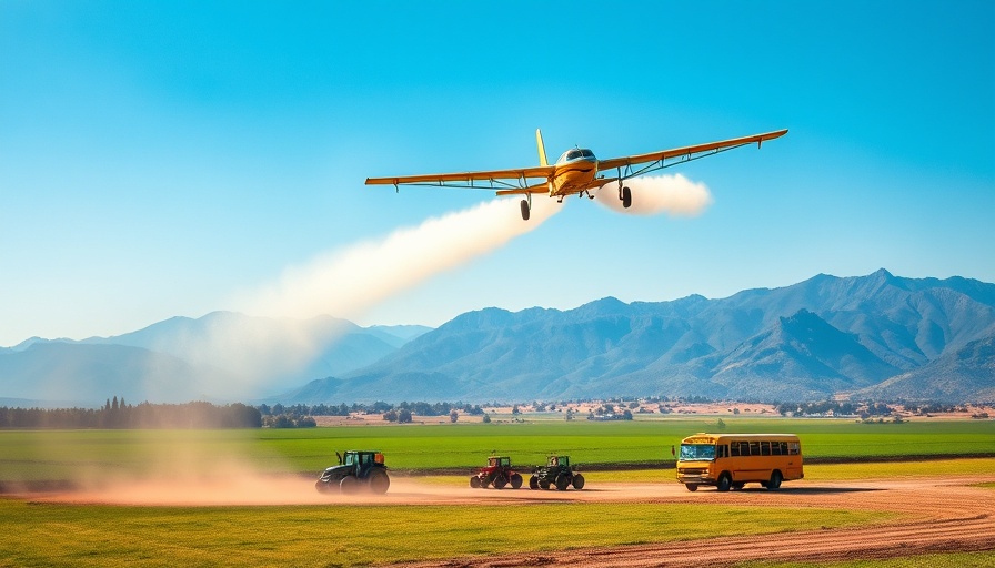 Crop duster over farmland in California, pesticide application in action.