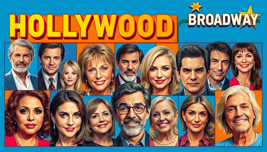 Collage of celebrity portraits with Broadway and Hollywood signs.