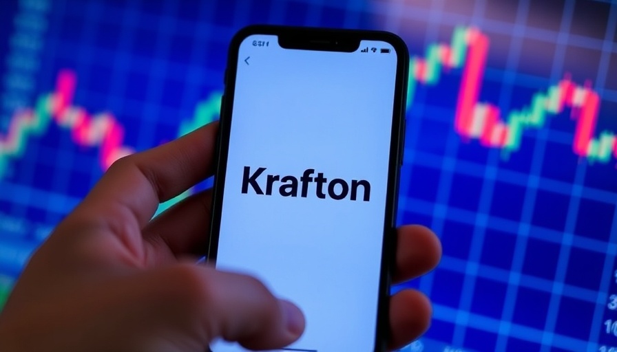 Krafton logo on smartphone with financial graph background.