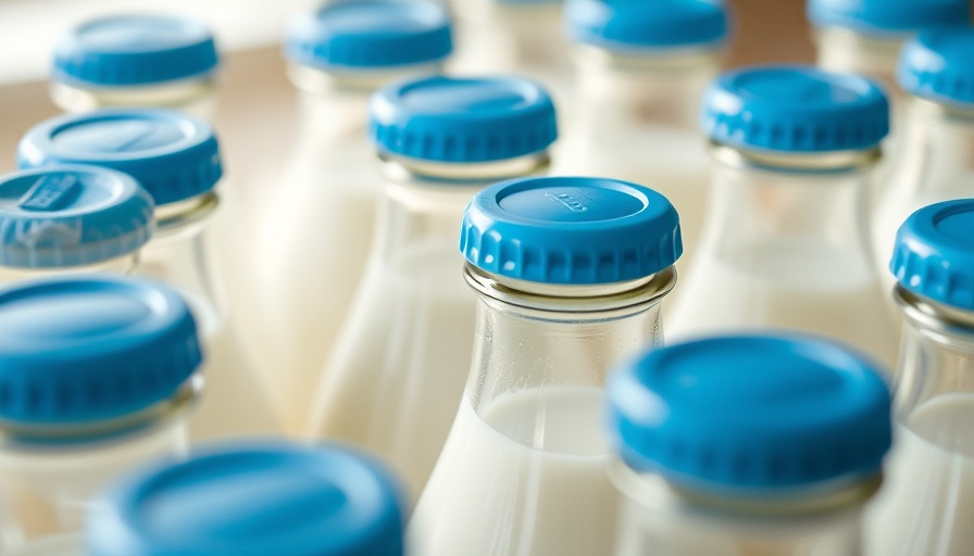 Close-up of milk bottles with blue caps illustrating raw milk distribution in the UK.