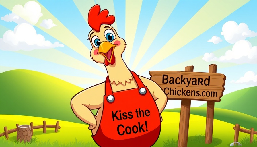 Moonshiner's Leghorns cartoon chicken with apron and sunny background.