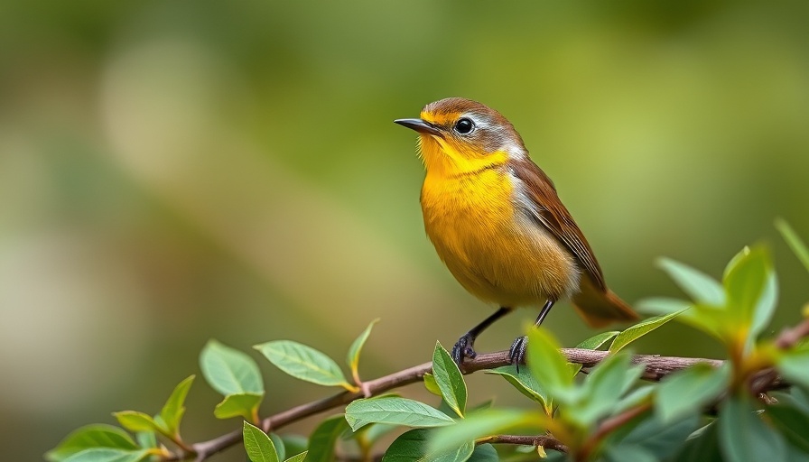 Common Yellowthroat bird perched on green foliage, warm sunlight