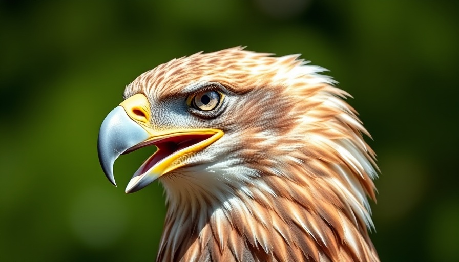 Majestic eagle with a sharp eye and open beak against a blurred background.