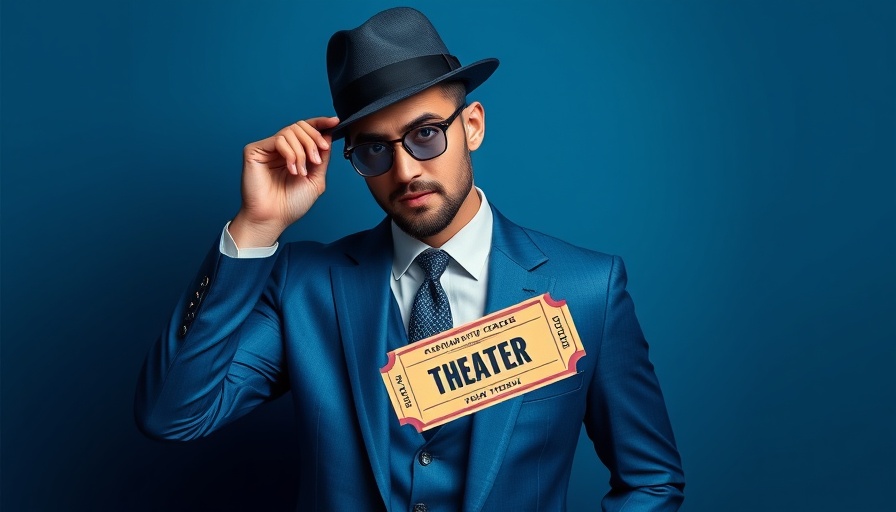 Just In Time Broadway Tickets promotional image with man in blue suit.