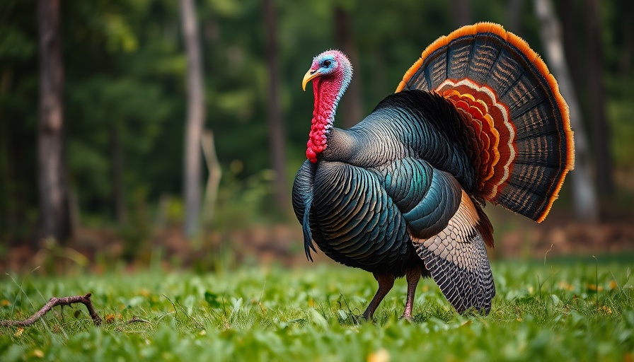 Colorful wild turkey with iridescent feathers strutting in a field.