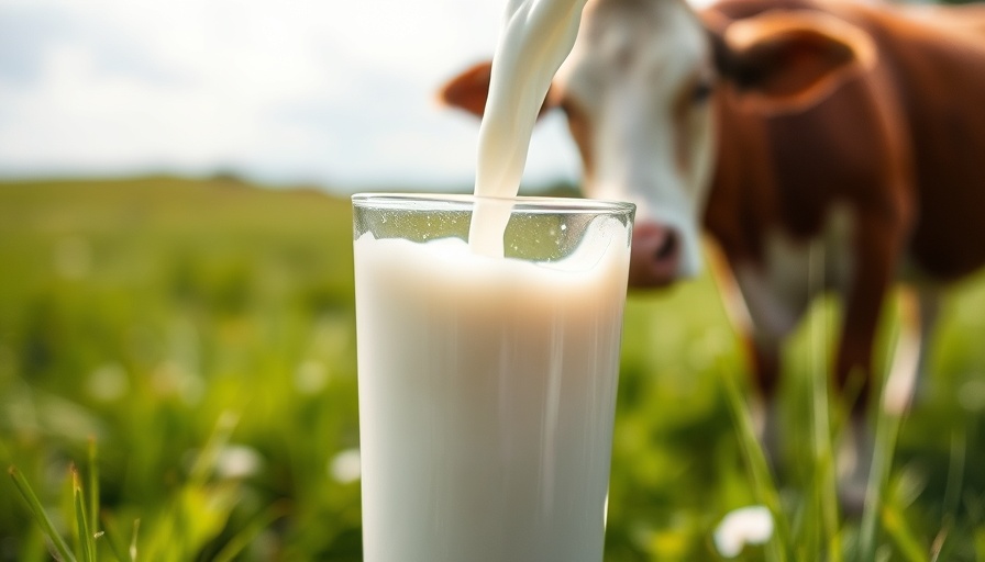 Raw milk being poured into a glass outdoors, cow in the background, lush meadow setting.