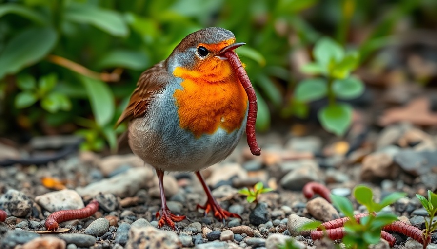 Robin holding earthworms on rocky ground, illustrating the history of robins and earthworms.