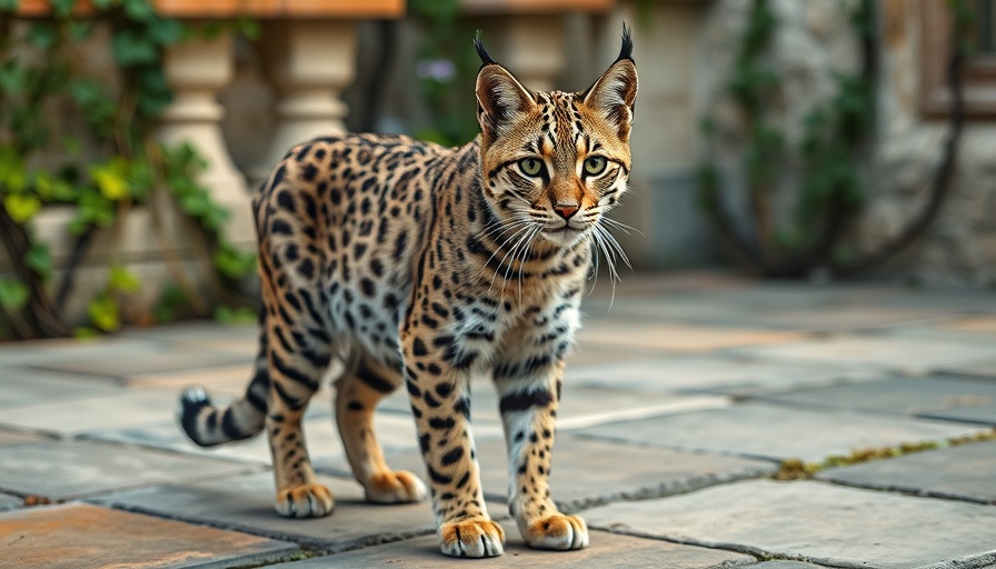 Wild bobcat standing alert on a stone patio in New York.