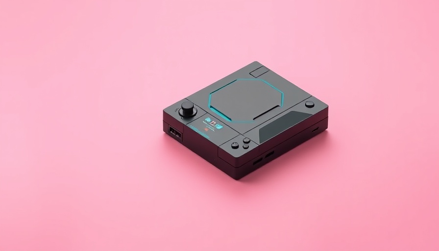 Sleek black retro gaming console with controllers on pink background.