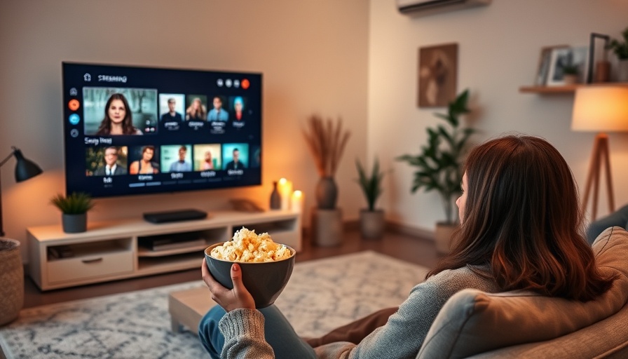 Person watching streaming service on TV, holding popcorn, cozy room.