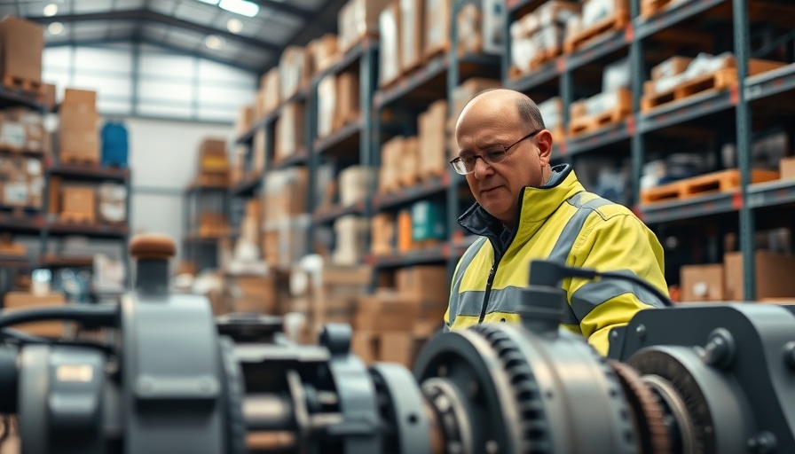 Engineer examining machinery in warehouse for defense tech.