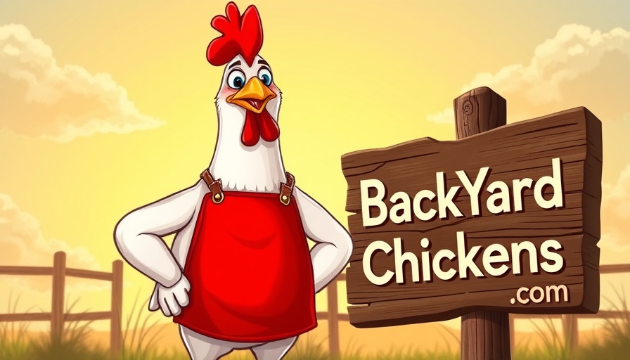 Cartoon chicken with apron, sunrise background, 'BackYardChickens.com'.