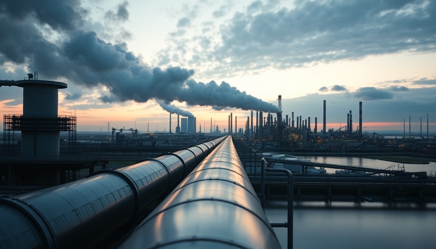 Industrial pipeline at sunset with smoke, highlighting fossil fuels climate health biodiversity crisis.