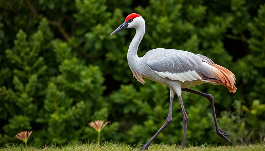 Graceful sandhill crane walking, lush green background - Sandhill Crane Facts