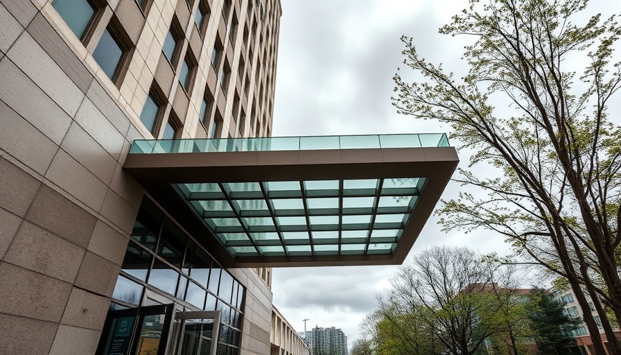 NIH building entrance with glass canopy under a cloudy sky.