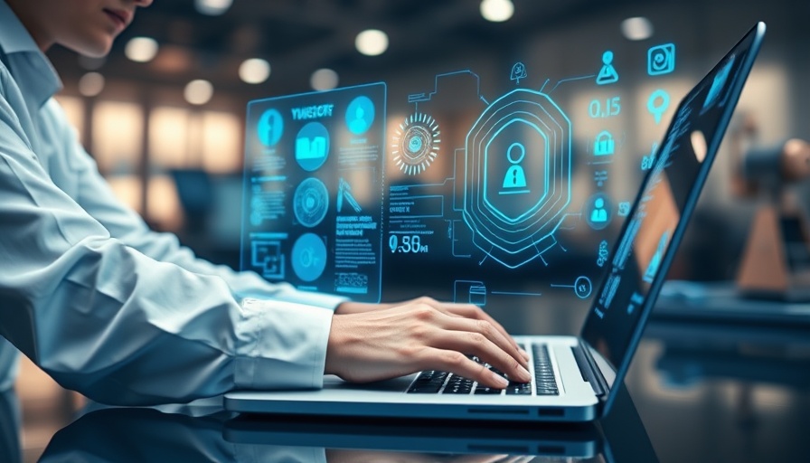 Person using laptop with holographic digital interface, Decentralized AI Compute.