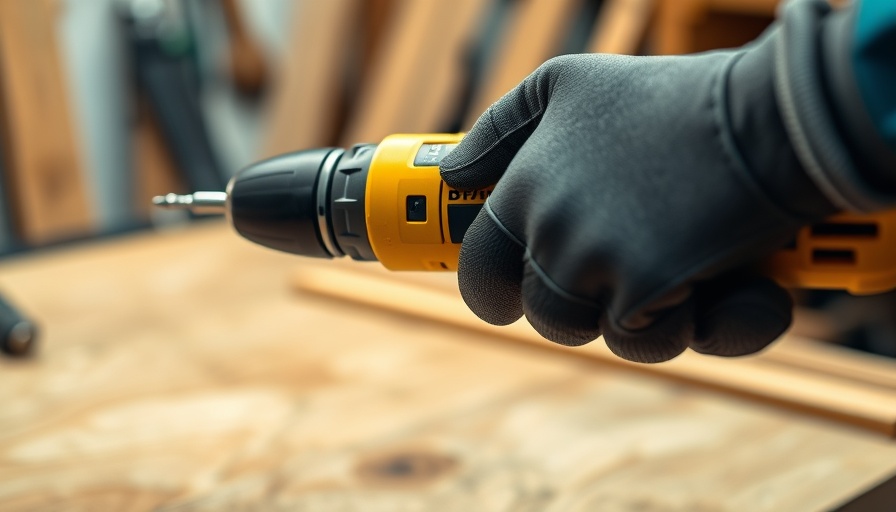 Close-up of a gloved hand using a power drill in a workshop.