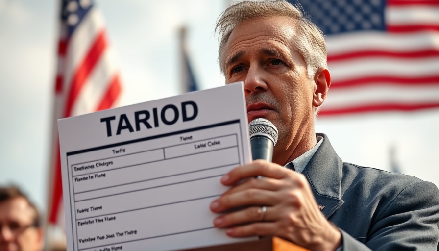 Speaker discusses tariffs impact on tech industry with a chart.