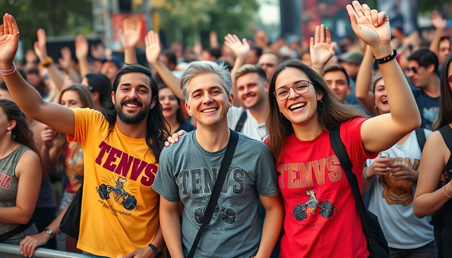Music fans celebrating lives through music with concert t-shirts.