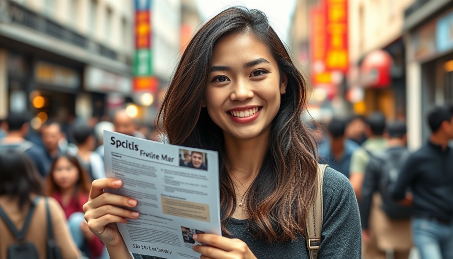 Young woman holding a flyer in urban setting, smiling.