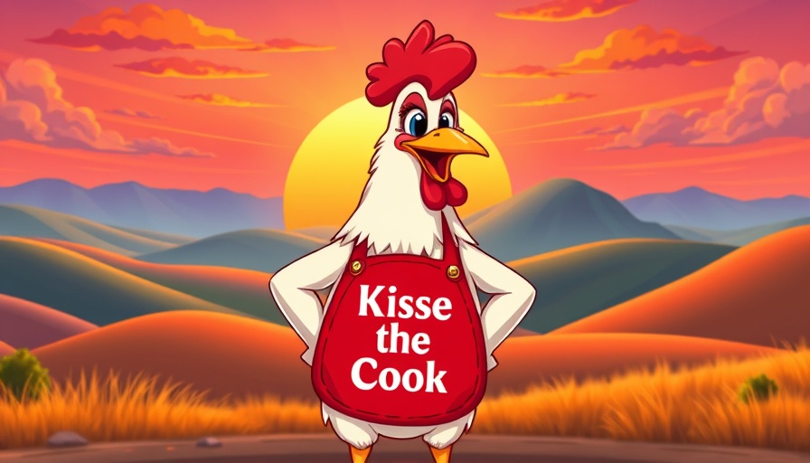 Cartoon chicken with apron and bright sunrise background