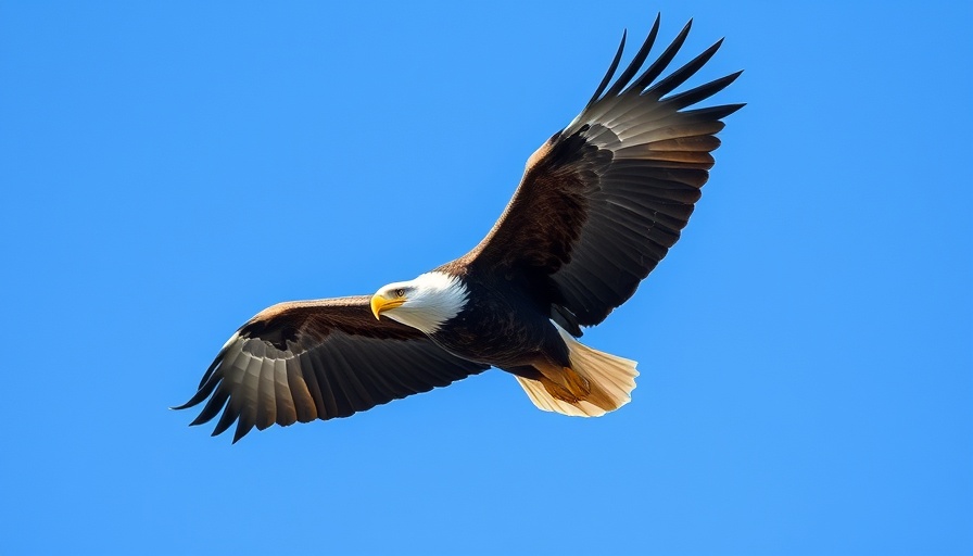 Bald eagle soaring high in a clear blue sky, showcasing majestic flight patterns.