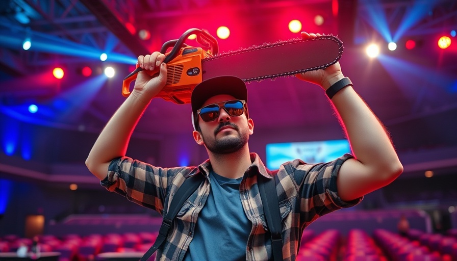 IRS data API hackathon event: Person with chainsaw on stage.