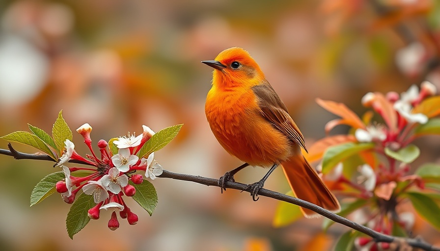 Adopt a Tree to Save the Birds: vibrant orange bird on branch with blossoms.