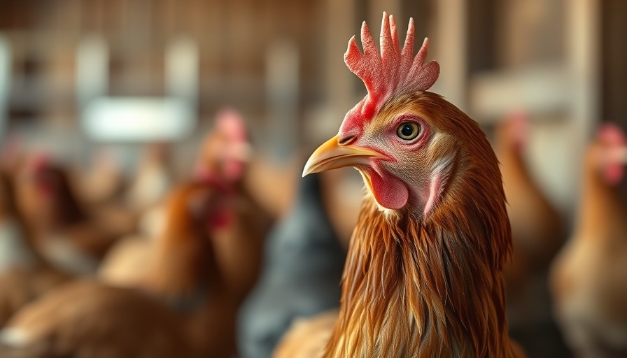 Brown chicken in a barn setting with blurred background.