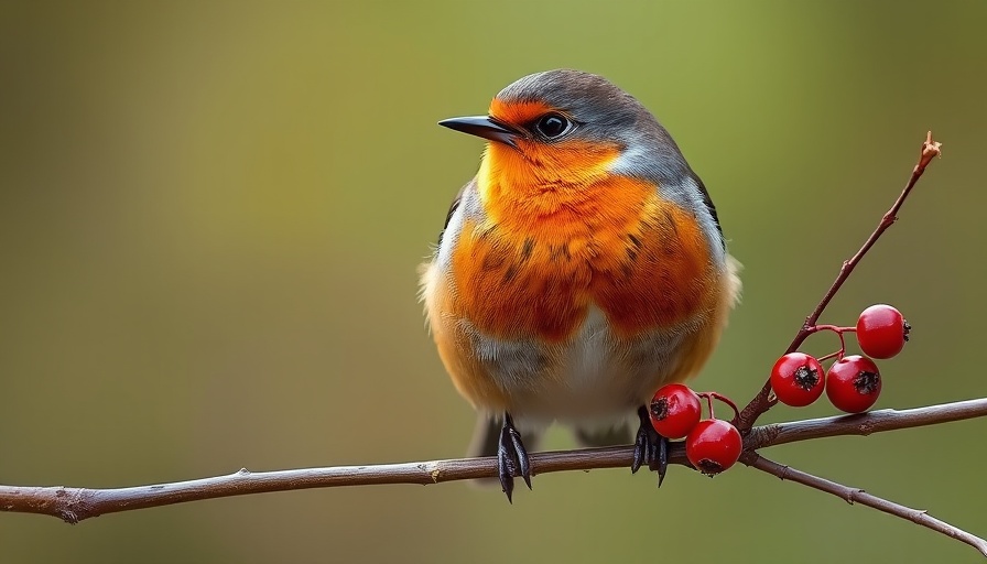 Robin perched on branch eating a berry, BirdNote Daily Episodes.